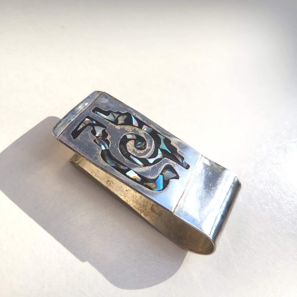 Vintage Mexican Silver Abalone Inlay Spiral Geometric Money Clip Accessory